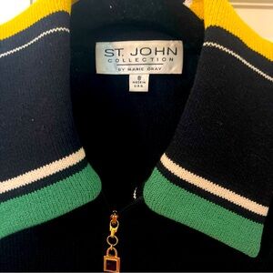 St. John Zip Front Sweater. Dark Navy With Green Yellow Trim Size 8